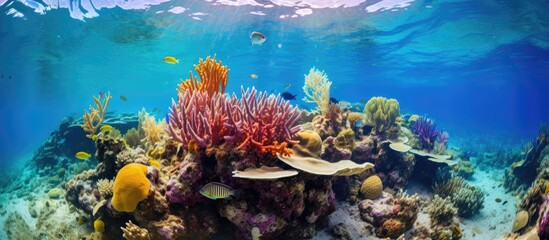 An underwater natural landscape filled with stony corals and colorful fish, creating a vibrant coral reef. A perfect leisure spot for marine biology enthusiasts