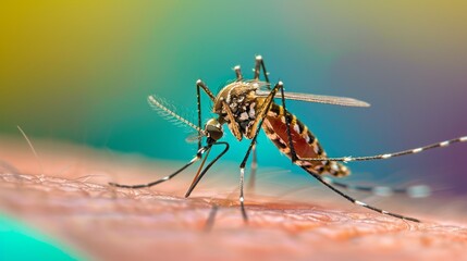 Close-up of a mosquito feeding on human skin, with a colorful blurred background.