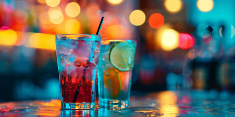 Cocktails on a bar counter with bokeh lights and blur background. Copy space. Tropical beverage. Holidays, celebration, nightclub, bar, celebrate.