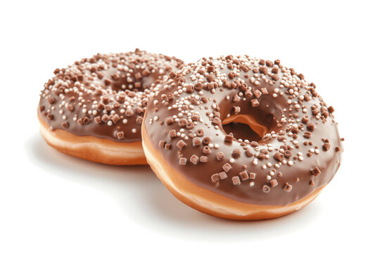 A close-up image showcasing pair of delicious glazed donuts, each with a different topping, arranged aesthetically against a white background.