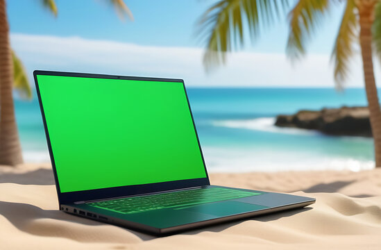Mockup image of laptop with blank green screen on a sandy beach under palm trees. Advertising layout for a travel agency