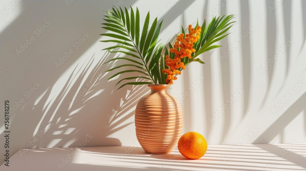 Poster a vase filled with oranges and a palm leaf next to a small orange on a white surface with a shadow o