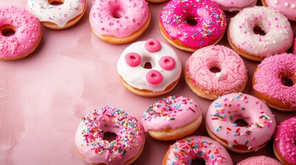 a bunch of doughnuts with pink frosting and sprinkles on a pink tablecloth with a pink background.