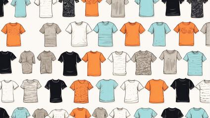 Lined T-shirt pattern illustrated on a white background. Variety of design.