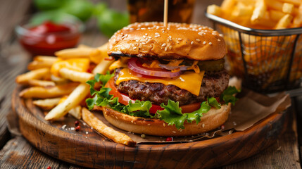  tasty double cheesburger, served on a wooden plate, with a Serving basket full of fries, and a side salat