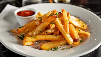 Plate of fries with ketchup, served on a plate in a modern restaurant, fries are salted