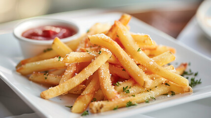 Plate of fries with ketchup, served on a plate in a modern restaurant, fries are salted