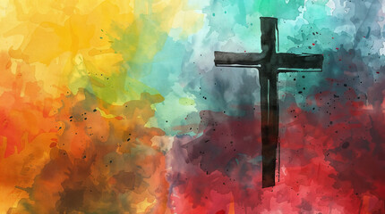 Christian cross on colorful watercolor style painting, copyspace background, christianity concept hd - obrazy, fototapety, plakaty
