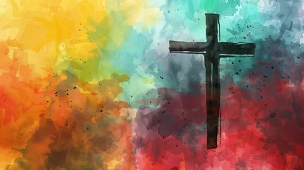 Deurstickers Christian cross on colorful watercolor style painting, copyspace background, christianity concept hd © OpticalDesign