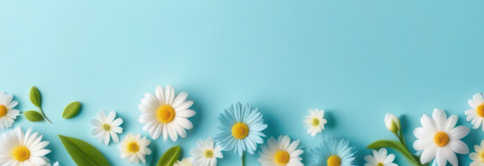 banner with spring flowers in delicate pastel colors, blue, white, green and yellow. Space for text, 2/3 free background.