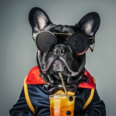 Cool French Bulldog in Retro Uniform with a Drink, Black French Bulldog Wearing Glasses