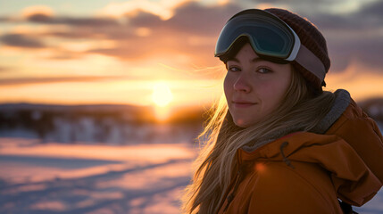 Closeup of the beautiful young woman wearing a jacket, skiing or snowboarding googles and equipment, standing on the snowy trail during the cold winter season day outdoors, smiling during the sunset - obrazy, fototapety, plakaty