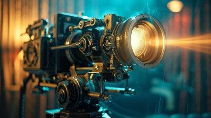 Fototapeta na wymiar Vintage film projector casting a warm glow, capturing the nostalgia of classic cinema.