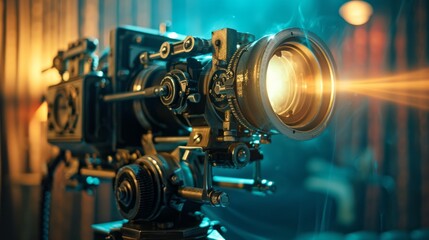 Vintage film projector casting a warm glow, capturing the nostalgia of classic cinema.