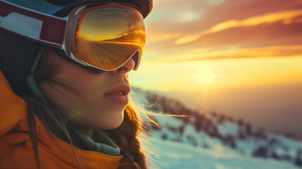 Closeup of the young woman wearing a jacket, skiing or snowboarding googles and equipment, standing on the snowy trail during the cold winter season day outdoors, smiling at the camera. Sunset - Powered by Adobe