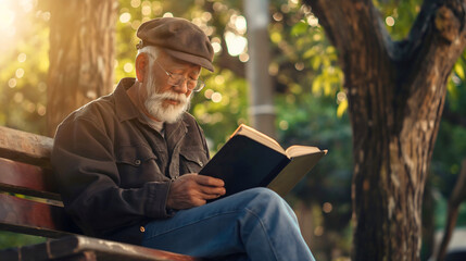 Fototapeta premium Old man sitting on a wooden bench in a city park and reading a book on a sunny summer day. Senior male person, grandpa or pensioner with gray beard, wearing eyeglasses, retirement relaxing lifestyle