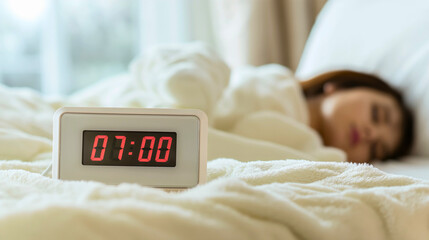 Closeup of the digital alarm clock on the bedsheets showing 7AM, time to wake up in the morning, man sleeping in a bed, on a pillow, covered with a white blanket, sunlight, late for work, laziness
