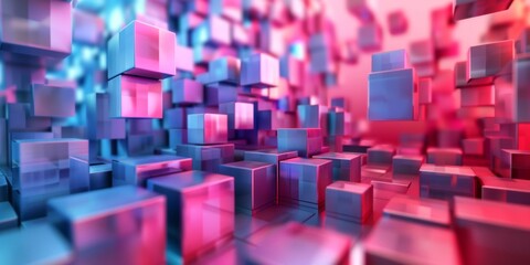 Fototapeta premium A computer generated image of a room full of cubes in a neon pink - stock background.