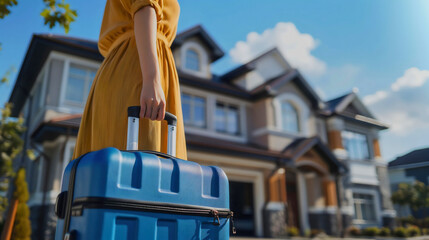Rearview of the woman carrying modern blue suitcase luggage and walking towards the house or home. Mother or wife arriving at home after a long business trip, vacation or holiday