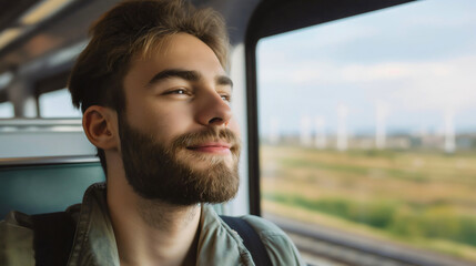Closeup of the handsome young man traveling by a train, male person transportation, wearing a backpack, looking through the window at the beautiful nature and scenery in the rural countryside