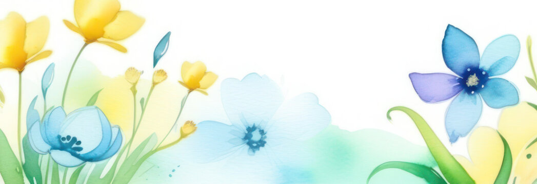 banner with spring flowers in delicate pastel colors, blue, white, green and yellow. Space for text, 2/3 free background. watercolour postcard.