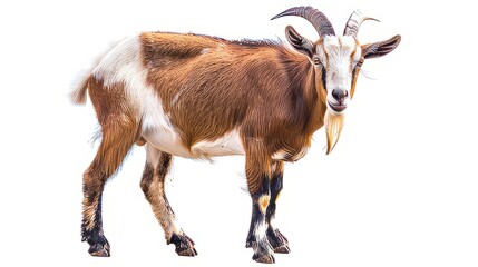 An intact goat in a combination of brown and white is staring at the camera with its long beard and horns in a white room. Created with Generative AI.