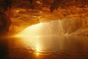 Majestic cave illuminated by sunlight with peaceful water in front, creating a serene and mystical atmosphere