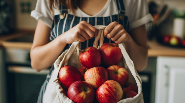 Closeup of the young woman standing in a kitchen home interior, holding a cotton shopping bag full of fresh, organic and healthy red apple fruits. Healthy food from the market, grocery shopping