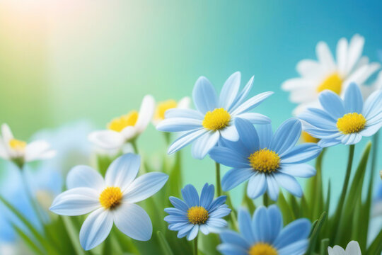 A lush and vibrant card with spring flowers in delicate pastel colors, blue, white, green and yellow. Sun rays on flowers. Space for text, 2/3 free space.