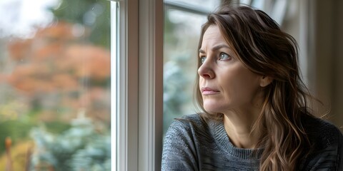 A woman with seasonal affective disorder gazing sadly out the window. Concept Indoor Environment, Emotional Portrait, Seasonal Affective Disorder, Contemplative Mood