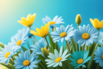 Obraz premium A lush and vibrant card with spring flowers in delicate pastel colors, blue, white, green and yellow. Sun rays on flowers. Space for text, 2/3 free space.