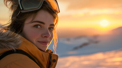 Closeup of the young woman wearing a jacket, skiing or snowboarding googles and equipment, standing on the snowy trail during the cold winter season day outdoors, smiling at the camera. Sunset - obrazy, fototapety, plakaty