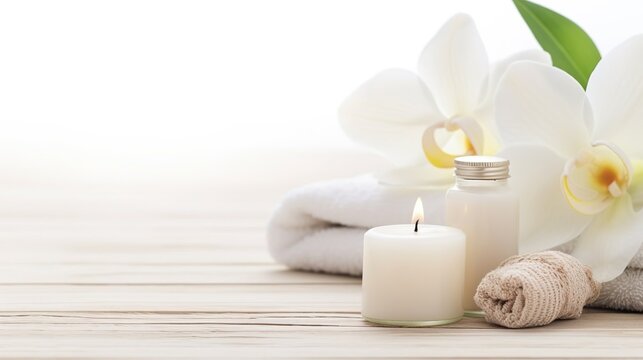 Spa accessories installed in a day spa hotel, health and beauty center. Spa products - towels, candles, aroma oils are placed in a luxury spa salon ready for massage, spa treatments