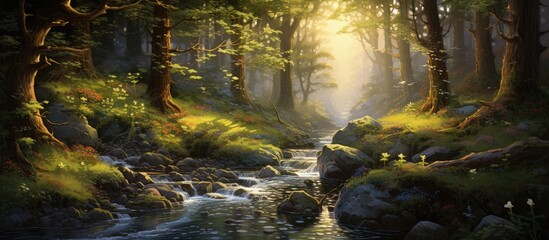 A serene river flows through a dense forest bathed in sunlight, creating a picturesque natural landscape with lush greenery and towering trees