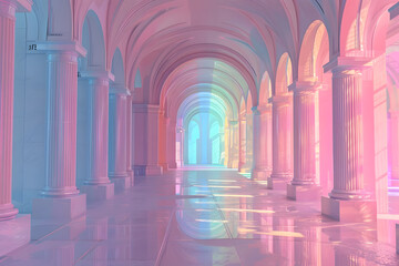 Pastel pink and blue corridors of a magnificent building. - obrazy, fototapety, plakaty