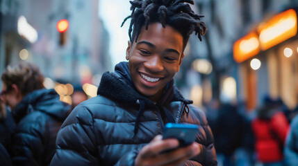 Portrait of a young African American man standing on the city street and looking at the smartphone device. Black skinned teenager using technology, smiling and surfing on the internet, chatting online - obrazy, fototapety, plakaty