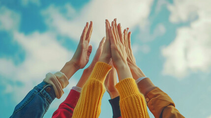 Working together concept with hands united together in the air