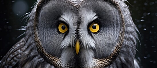 Obraz premium A close up of a screech owls face, a terrestrial animal in the Falconiformes order. With its distinctive yellow eyes and sharp beak, this bird of prey is known for its haunting gaze