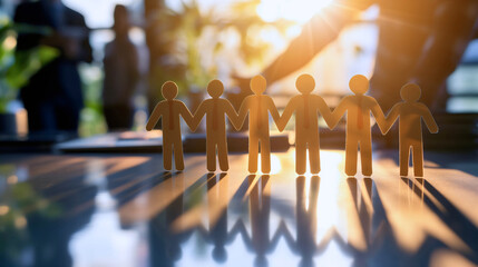 Paper people holding hands together in an unbroken chain, casting long shadows on an office table. Businesspeople and colleagues partnership and friendship, working community concept, team standing - obrazy, fototapety, plakaty