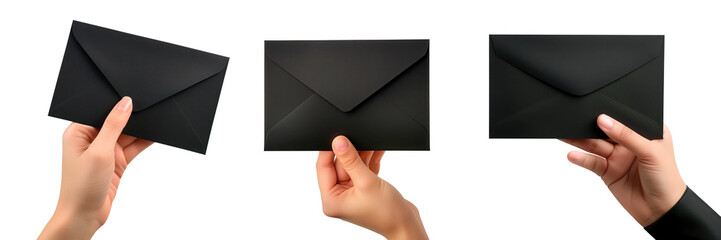 Set of hands hold a black envelope on a white or transparent background. Close-up of a hand holding a paper envelope. To be inserted into a design or project. - obrazy, fototapety, plakaty