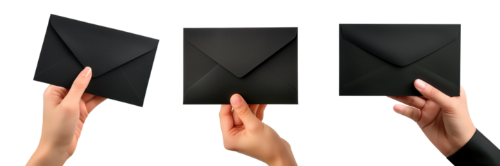 Set of hands hold a black envelope on a white or transparent background. Close-up of a hand holding a paper envelope. To be inserted into a design or project.