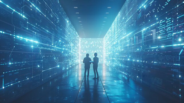 Factory Digitalization: Two Industrial Engineers Use Tablet Computer, Visualize the Wall of Big Data Statistics, Optimization of High-Tech Electronics Facility