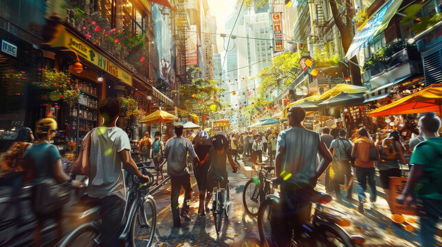 Urban Lifestyle: A dynamic image of people navigating city streets, commuting on public transportation, or enjoying urban amenities such as street markets, festivals, or cultural events. Generative AI