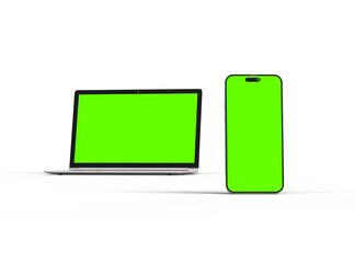 3D Render of laptop and phone with green screen on a transparent background