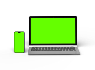 3D Render of laptop and phone with green screen on a transparent background