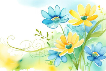 Obraz premium A bright and vibrant card with spring flowers in delicate pastel colors, blue, white, green and yellow, made in watercolor. Sun rays on flowers. Space for text, 2/3 free space.