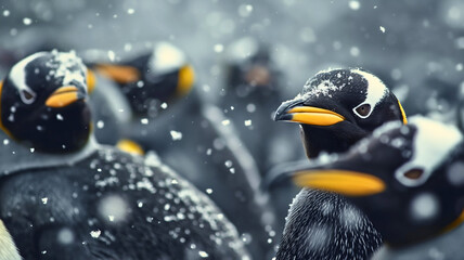 Closeup photography of the group of black and white polar emperor penguin birds, flock or colony of animals in the snowy wilderness in winter cold weather outdoors in Antarctica