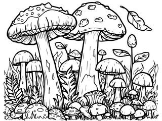 Coloring book image. Mushroom forest. Vector, generative ai.