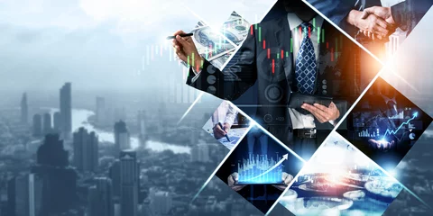 Foto op Canvas Futuristic business digital financial data technology concept for future big data analytic and business intelligence research for businessman analyst invest decisions making panoramic banner kudos © Summit Art Creations