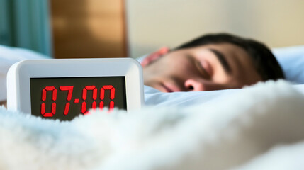 Closeup of the digital alarm clock on the bedsheets showing 7AM, time to wake up in the morning, man sleeping in a bed, on a pillow, covered with a white blanket, sunlight, late for work, laziness